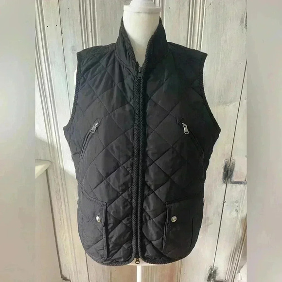 RALPH LAUREN black barn coat vest quilted corduroy trim zip closure pockets M - Picture 1 of 8